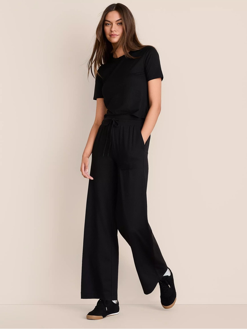 NWT Lou & Grey Brushedsoft Slim Wide Leg Pants Black Drawstring Size XS